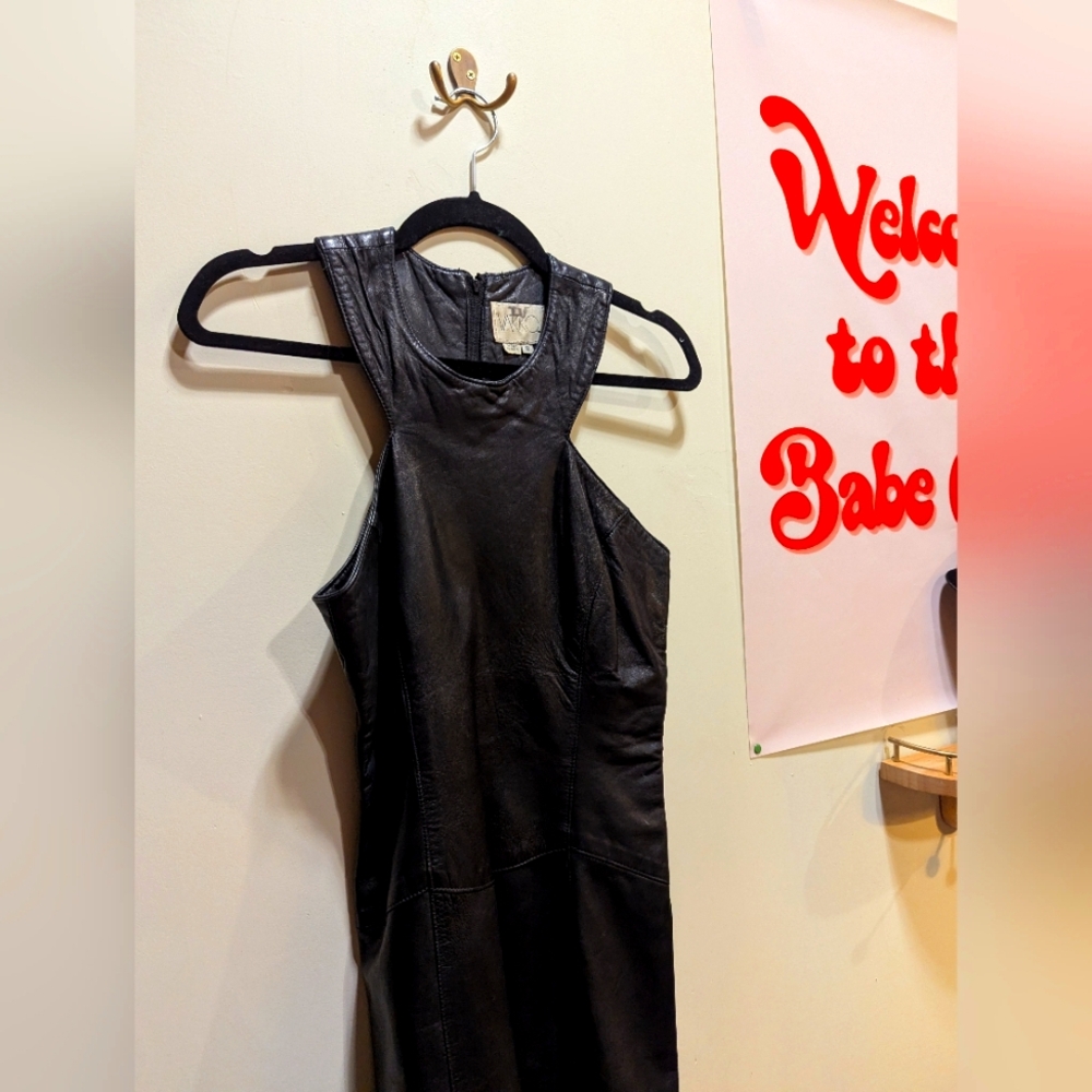 Sleek Vintage VAKKO Black Leather Velvet Lined Rocker Dress SIZE Vintage 8